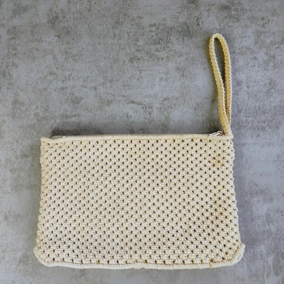 Vintage 1970's Bohemian Macrame Zip-Up Clutch Purse with Pockets Cream Ivory - Picture 4 of 11